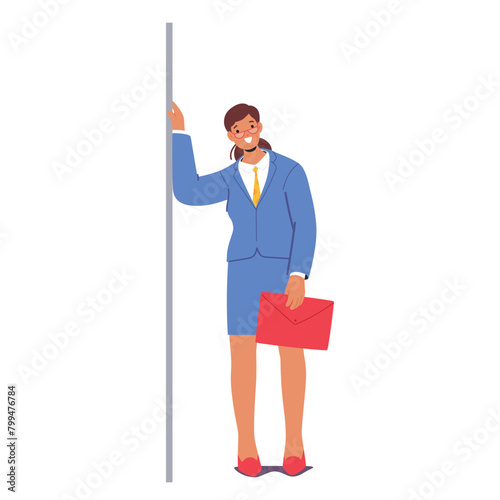 Woman In Blue Workwear Leaning Against A Wall While Holding Red Briefcase. Her Tailored Suit Features A Pointed Collar