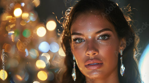 Young Woman Lost in Thought Amidst Festive Lights