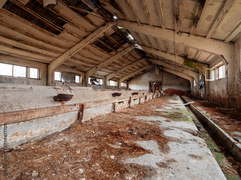 Scene inside old abandoned milk cow farm with feeders, windows and old equipment. Soviet union style collective farm. Cost of running agriculture business and economy effects on production.