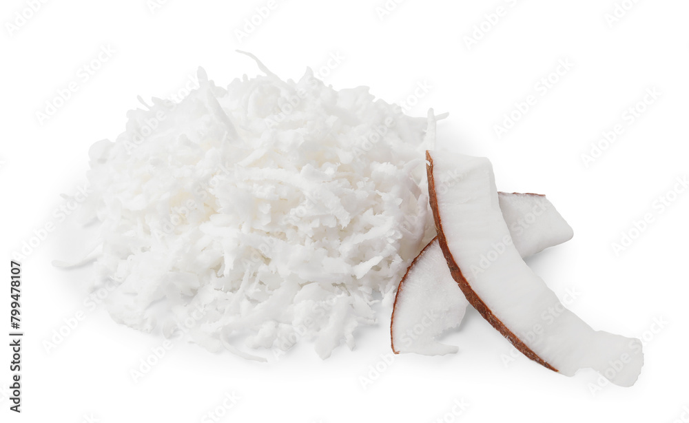 Naklejka premium Pile of coconut flakes isolated on white