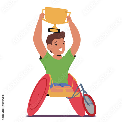 Happy Handicapped Boy Character In A Wheelchair Holding A Trophy Over His Head. Shows A Gesture Of Joy