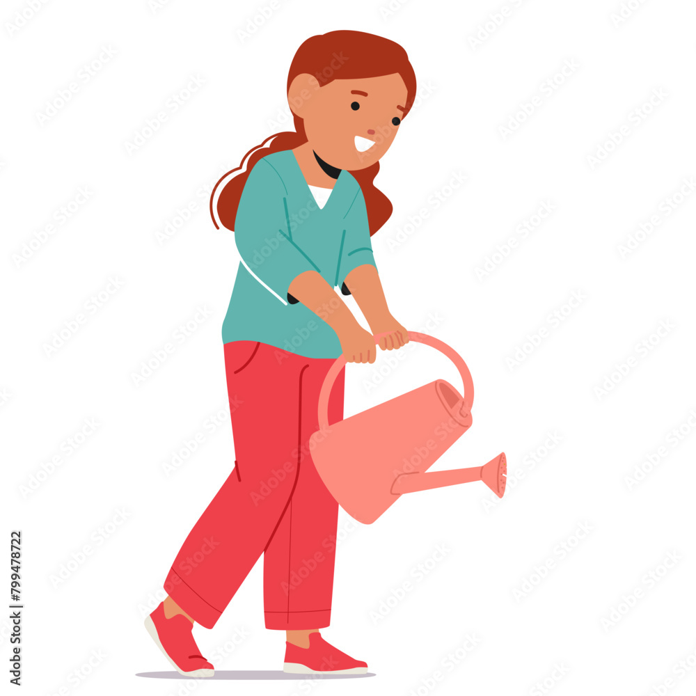Happy Little Girl With A Watering Can, Ready to Water Plants. Child Character Looks Comfortable And Relaxed Happy Little Girl With A Watering Can, Ready to Water Plants. Child Character Looks Comfortable And Relaxed