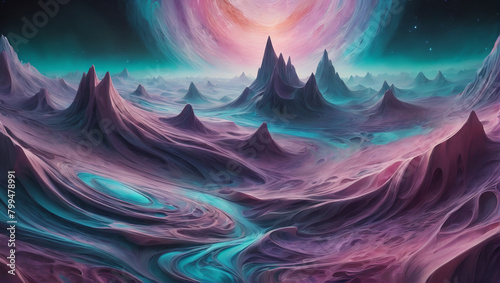 Image of ethereal-colored liquids flowing through intricate patterns on textured surfaces, with delicate hues like ethereal turquoise, celestial lavender, and ephemeral pink ULTRA HD 8K