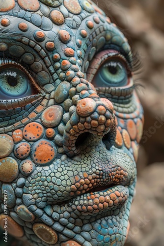 A close up of a face made out of rocks and other materials  AI