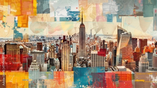 an Collage Painting artwork of a Manhatten skyline  Geometric Square Collage Painting artwork