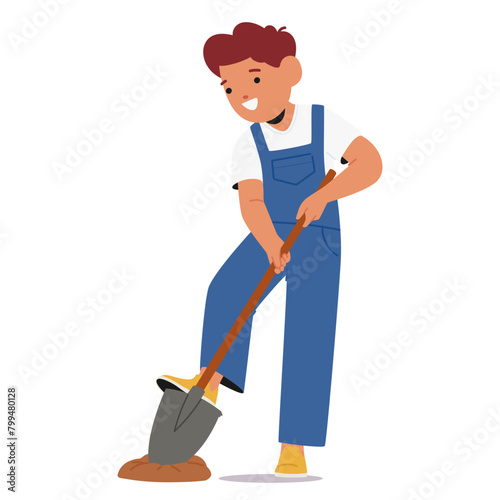Small Boy Character in Blue Overalls Digs Eagerly, His Shovel Slicing Through The Soil With Determined Strokes
