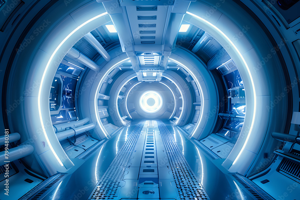 Fototapeta premium Glowing Futuristic Spaceship Interior Bathed in Radiant Blue and White Lighting .