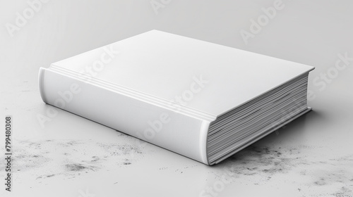 a white closed mock-up hardcover book displayed on a white backdrop, focusing on its spine and cover photo