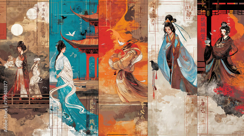 A dynamic montage showcasing a Vidra in various traditional Chinese settings and costumes, with each quadrant depicting the creature engaged in different activities such as tea cer