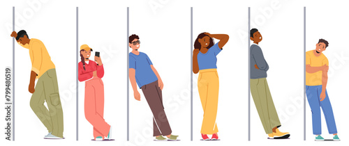 Group Of Characters Wearing Trendy Clothes, Footwear And Hats, Leaning Against A Wall Cartoon People Vector Illustration