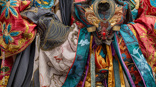 An artistic collage presenting a close-up view of a Vidra adorned in colorful Chinese garments  with each quadrant highlighting unique details such as intricate embroidery  ornate
