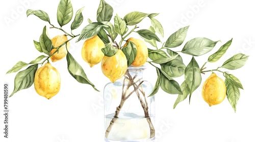 Lemon branch in glass vase watercolor illustration, isolated on white background. For greeting cards, stickers, mugs, t-shirts, posters, prints. Composition with yellow lemon tree, green summer leaves photo