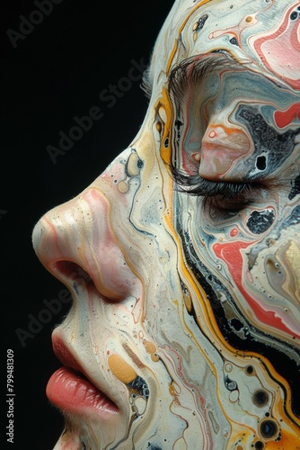 A close up of a woman's face with painted eyes and lips, AI