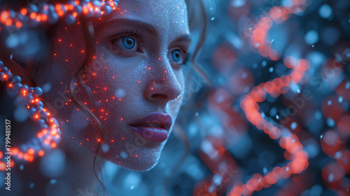 Gazing into Genetics: Woman Enveloped by DNA Helix