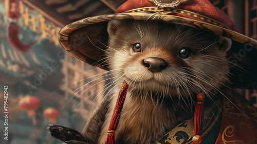 An artistic composition presenting a close-up view of a cute otter in a Chinese hat, with intricate details such as a tiny tassel or decorative emblem, with each quadrant showcasin photo