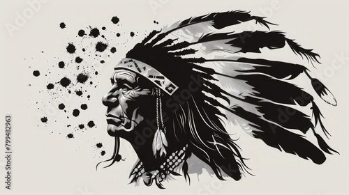 An iconic Native American chief in a black and white vector illustration, capturing the tribal art and rich culture. Feathered headdress, the design represents the ancient warrior heritage. Tattoos