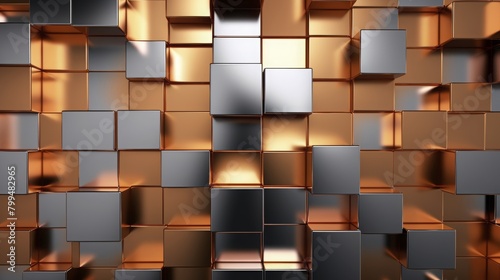 An abstract composition of a grid of stacked cubes in copper and steel-blue, with bright highlights