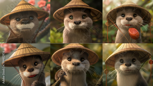 A dynamic montage showcasing a cute otter in various poses and activities while wearing a Chinese hat, with each quadrant depicting the creature exploring its surroundings, playing