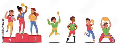 Group Of Happy Children Standing On A Podium, Holding Trophies And Sharing Their Joy. Disabled And Healthy Sportsmen