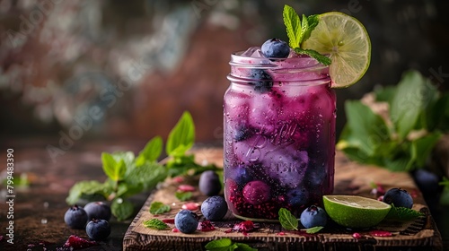 Blueberry ice mojito with lime and mint in mason jar photo