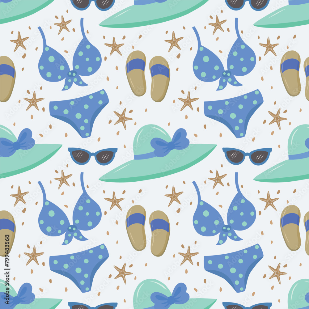 Fototapeta premium Products for the beach and recreation. A swimsuit, a hat with a brim, sunglasses, flip-flops, starfish and sand. Seamless vector drawing on summer and marine themes.