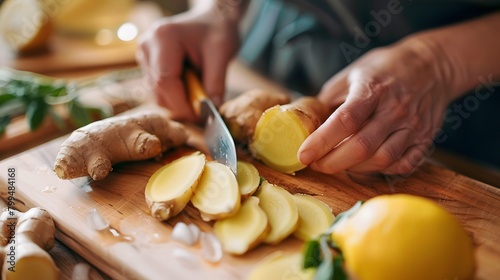 Close up of hands slicing ginger to prepare infused water photo
