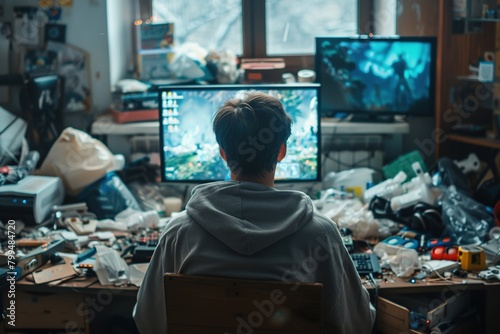 Video game addiction. Back view of man sitting in front of computer with trash and mess in the room, playing video games online photo