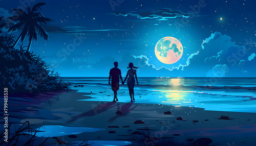 Clipart of a couple holding hands while strolling along a moonlit beachar74v60 Generative AI