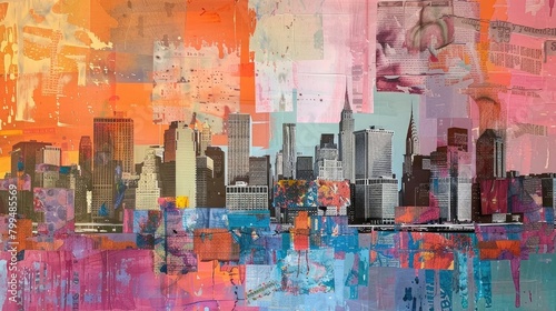 an Collage Painting artwork of a Manhatten skyline, Geometric Square Collage Painting artwork