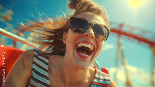 Face of a happy cheerful attractive caucasian woman laughing, riding a rollercoaster on a sunny summer day © Madeleine Steinbach