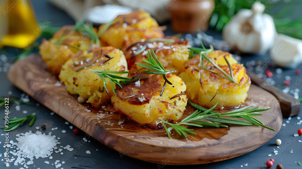 Crispy Homemade Smashed Potatoes Served on Rustic Wooden Board with Ingredients In the Backdrop