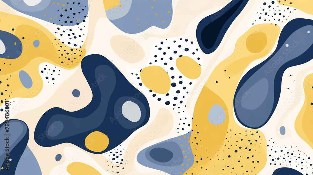 Organic Shapes and Dots, Abstract Art with Yellow and Navy Blue, Modern Design