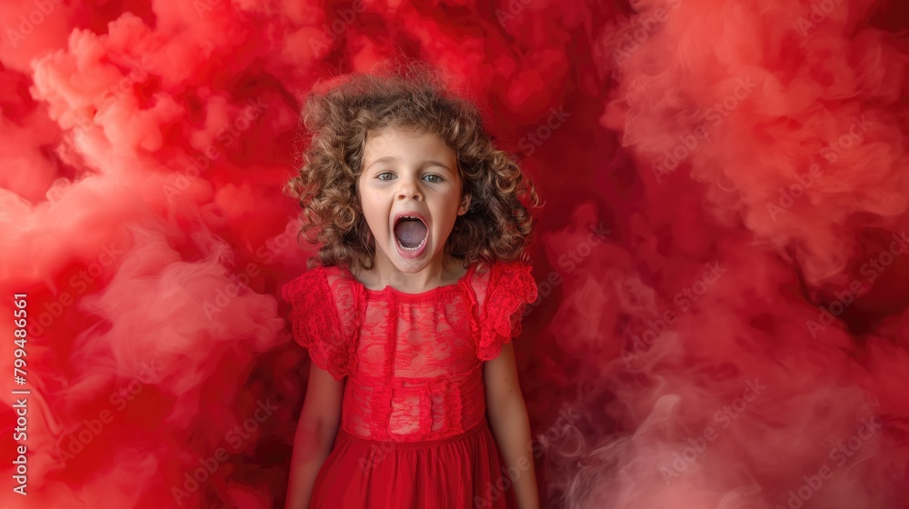 Little girl in red dress with curly hair on a red background. Little girl in red dress with curly hair on a red background.