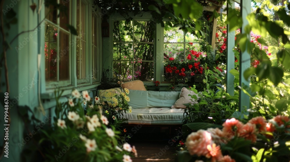 Fototapeta premium Idyllic Garden Porch with Lush Greenery and Blooming Flowers