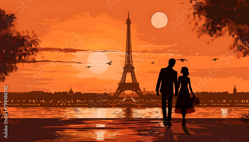 Clipart of a couple holding hands under the Eiffel Tower at sunsetar74v60 Generative AI © Zazu