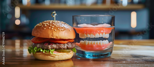 Dentures in a glass alongside a juicy hamburger on table. Biting off more than you can chew concept. photo