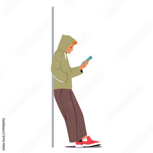 Young Man Leans Against A Wall, Engrossed In His Smartphone, Absorbed By The Glowing Screen, Cartoon Vector Illustration