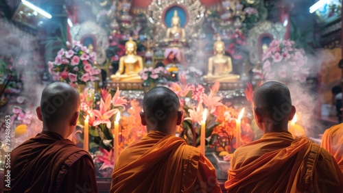Devotees in meditation at temple interior. Worshipers in traditional attire engage in prayer before Buddha. Buddhist monks. Concept of religious observance, peace, mindfulness, cultural heritage