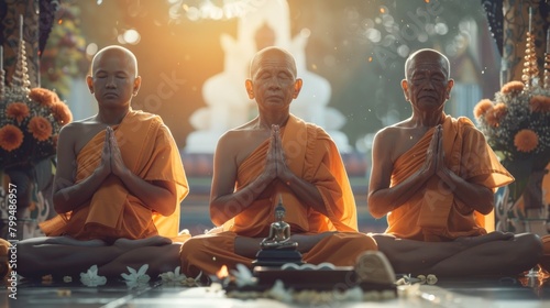 Thai Buddhist monks in prayer, golden light illuminating scene. Elders and young in traditional orange attire. Concept of generational teaching, spiritual guidance, peaceful worship, Buddhism photo