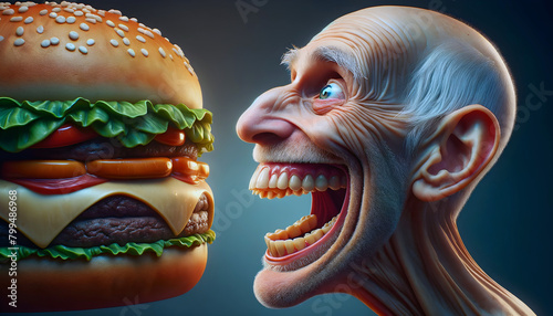 Side profile of an eager old man with false teeth attempting to bite into an oversized hamburger