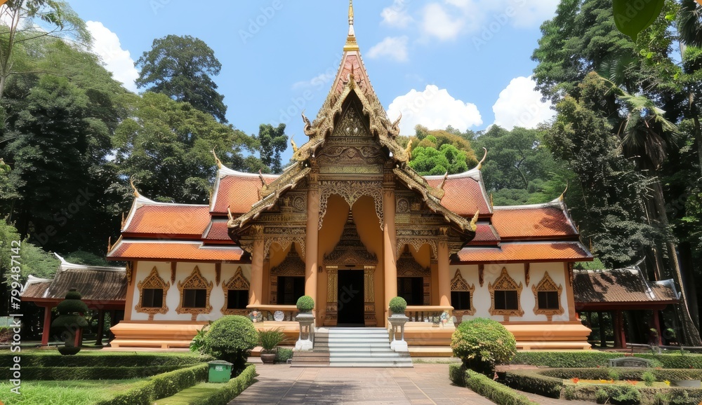 Thai Buddhist temple with ornate golden decorations in a lush garden. Concept of Thai culture, religious architecture, and monastic life Thai Buddhist temple with ornate golden decorations in a lush garden. Concept of Thai culture, religious architecture, and monastic life