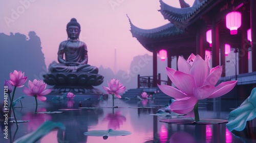 Meditative Buddha statue in lotus position. Tranquil Buddhist sculpture. Symbol of Buddhism. Concept of Zen, meditation, religion, peace, spiritual awakening. Copy Space © Jafree
