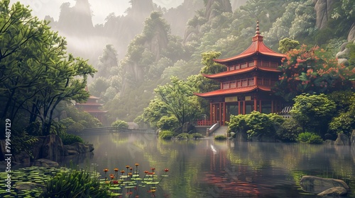 Traditional Buddhist temple beside a tranquil pond, surrounded by lush foliage. Concept of serenity, spiritual retreat, and Asian architecture.