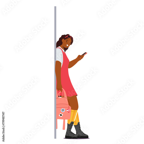 Teenage Girl Character in Casual Clothes with Rucksack Engrossed In Her Smartphone, Leans Against The Wall