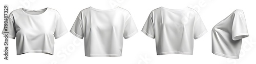  Set of white woman loose cropped midriff tee t shirt round neck front, back and side view on white background cutout. Mockup template for artwork graphic design 