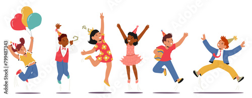 Wallpaper Mural Group Of Children Characters Happily Jumping In The Air, Enjoying Each Others Company At A Birthday Party, Vector Torontodigital.ca