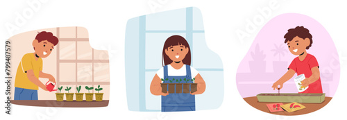 Girls And Boys Characters Happily, Planting Vibrant Greenery In Pots, Nurturing Nature With Giggles, Vector Illustration