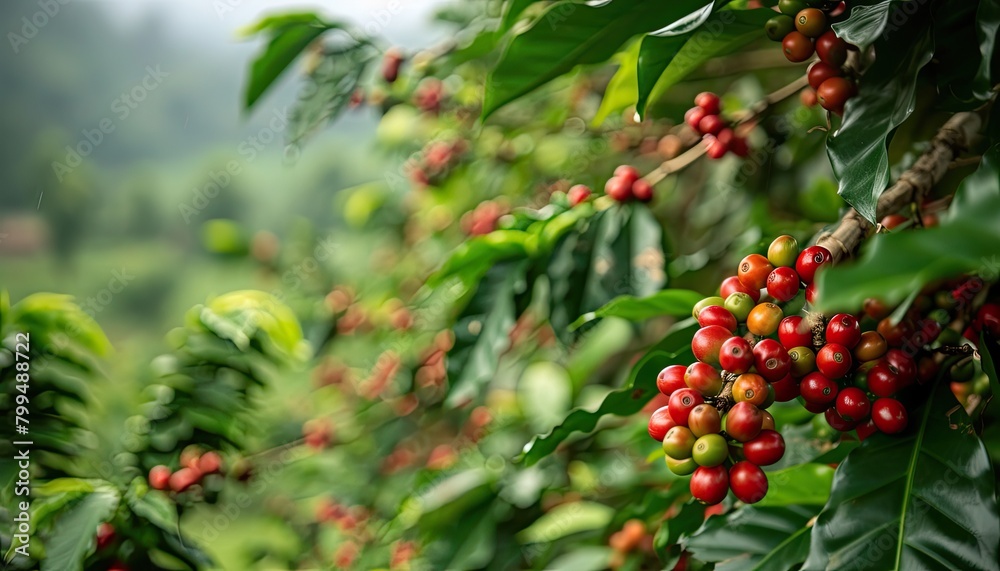 Fresh coffee beans growing on a thriving branch in a lush garden.