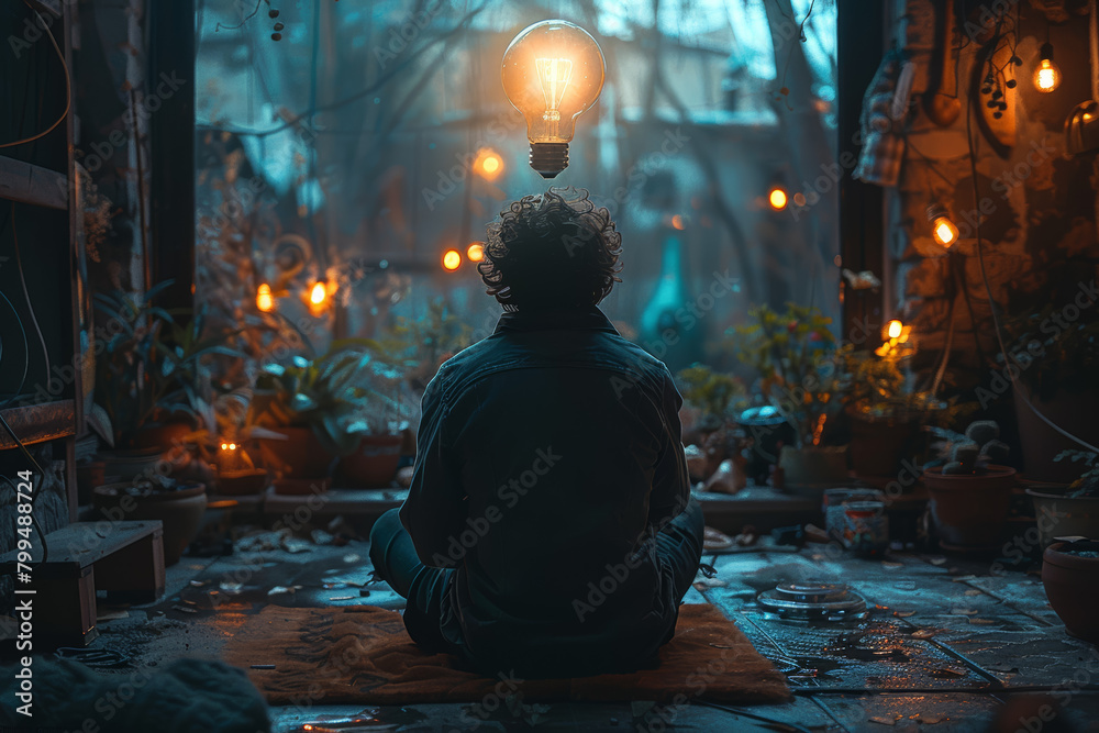 Fototapeta premium A person in a contemplative pose, with a radiant lightbulb overhead, suggesting a moment of clarity. Concept of illumination and revelation. Generative Ai.