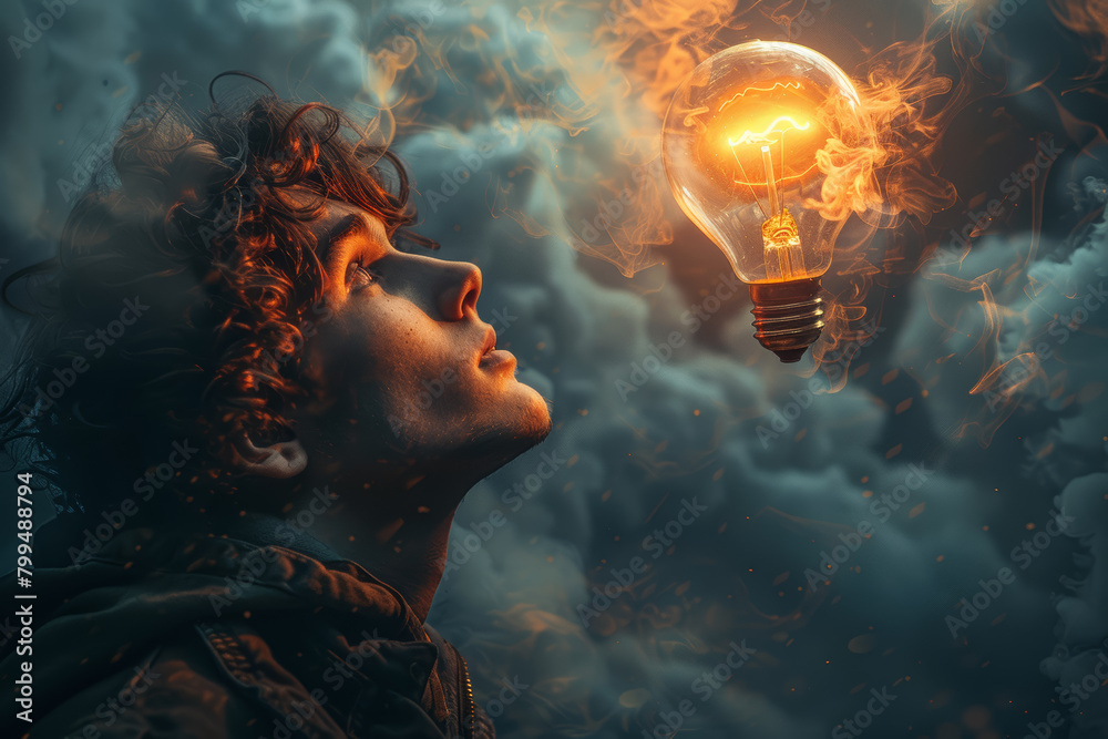 Someone lost in thought, with a gleaming lightbulb hovering above them, signaling a spark of ingenuity. Concept of creativity and invention. Generative Ai. Someone lost in thought, with a gleaming lightbulb hovering above them, signaling a spark of ingenuity. Concept of creativity and invention. Generative Ai.